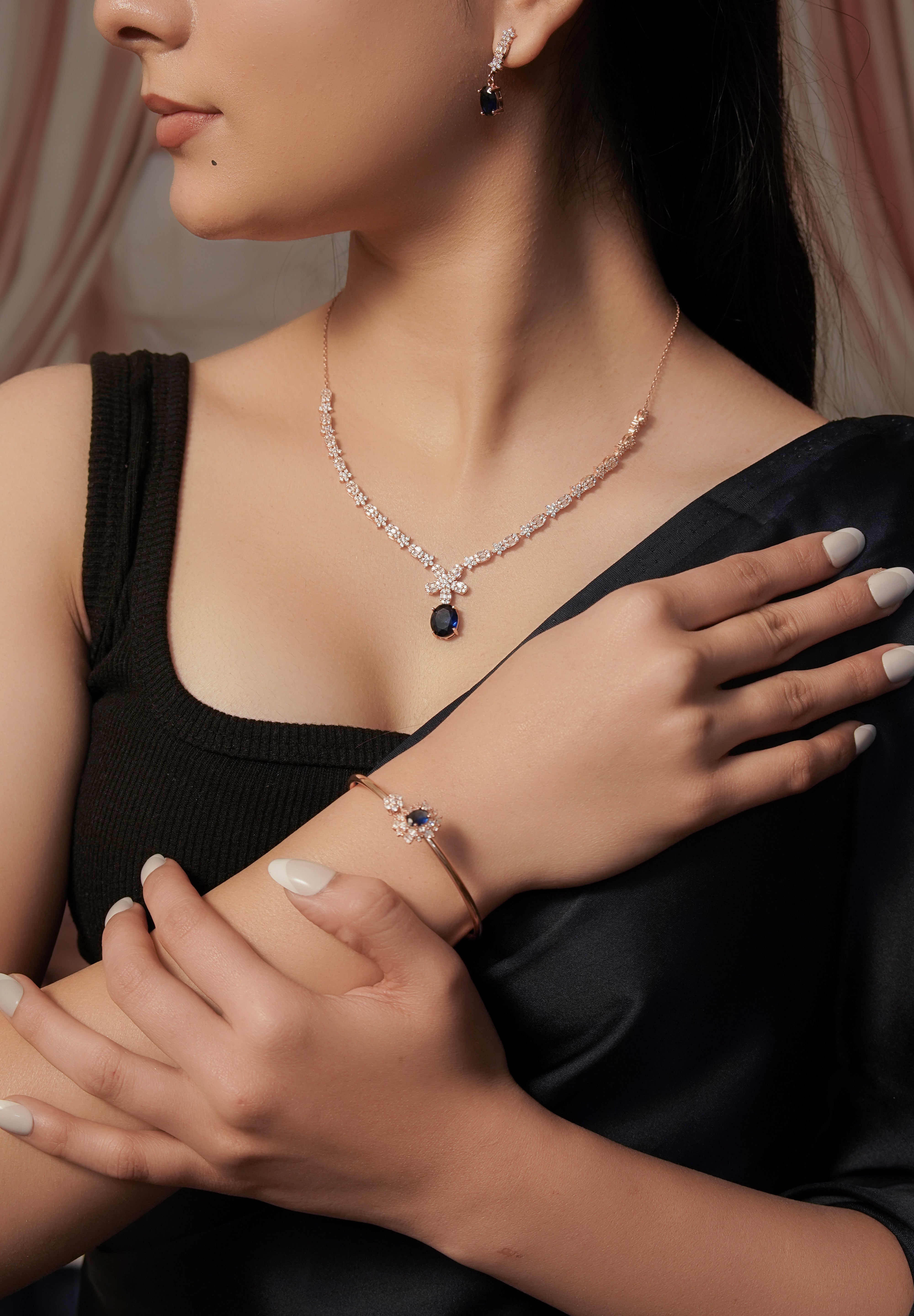 Rose Gold-Plated Blue and White Stone Jewellery Set