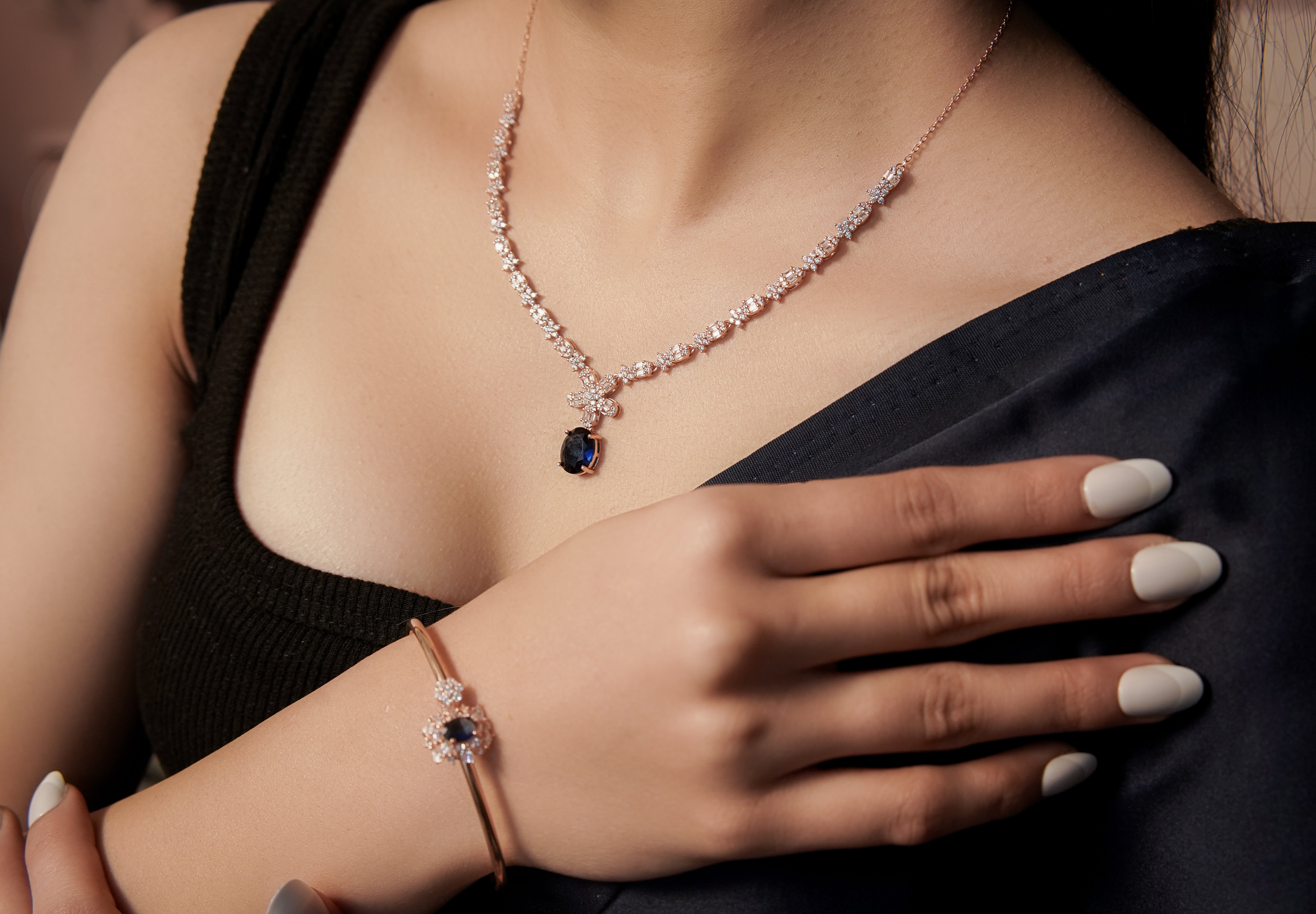 Rose Gold-Plated Blue and White Stone Jewellery Set