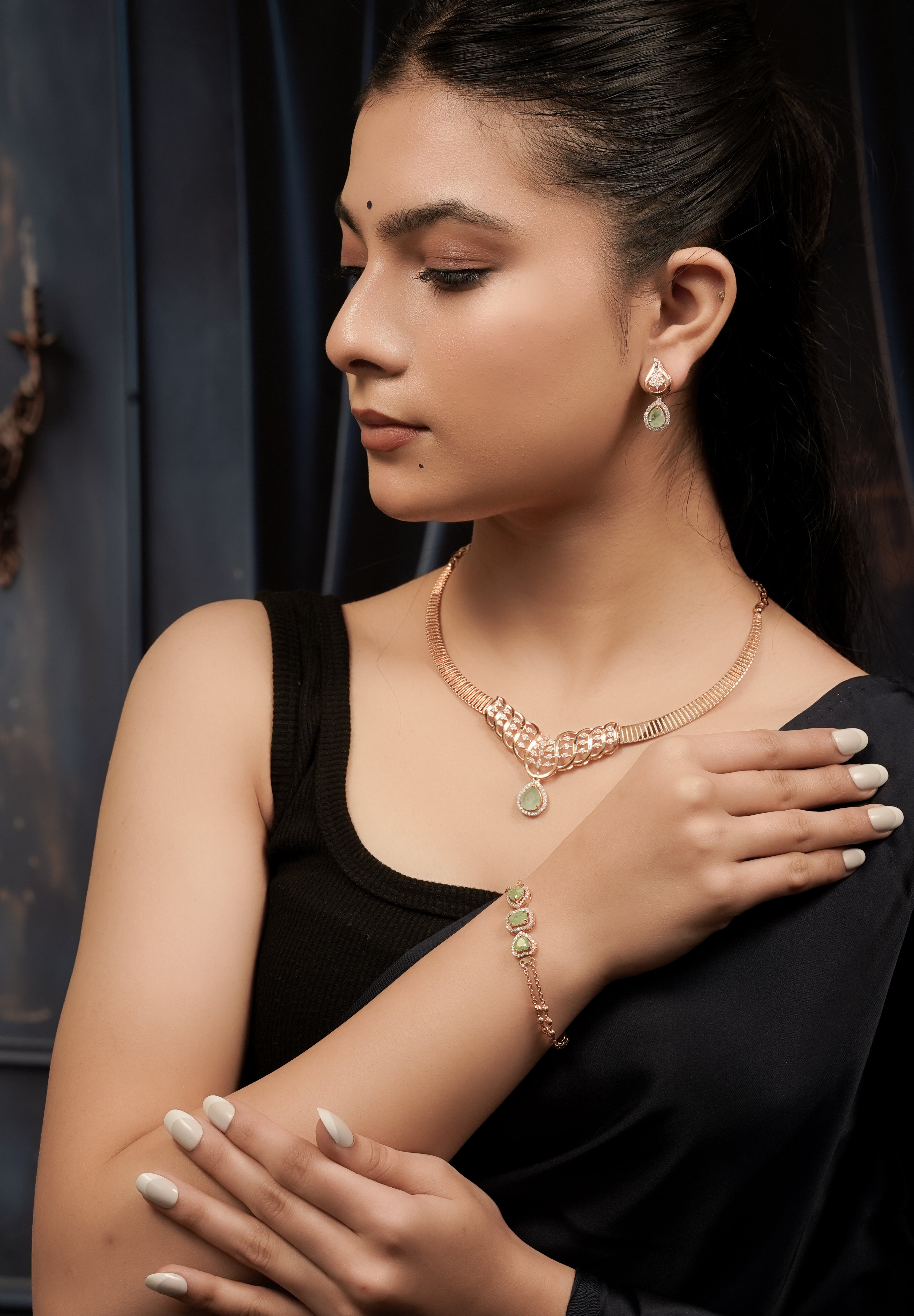 Emerald Green Kyra CZ Stone Rose Gold Set.