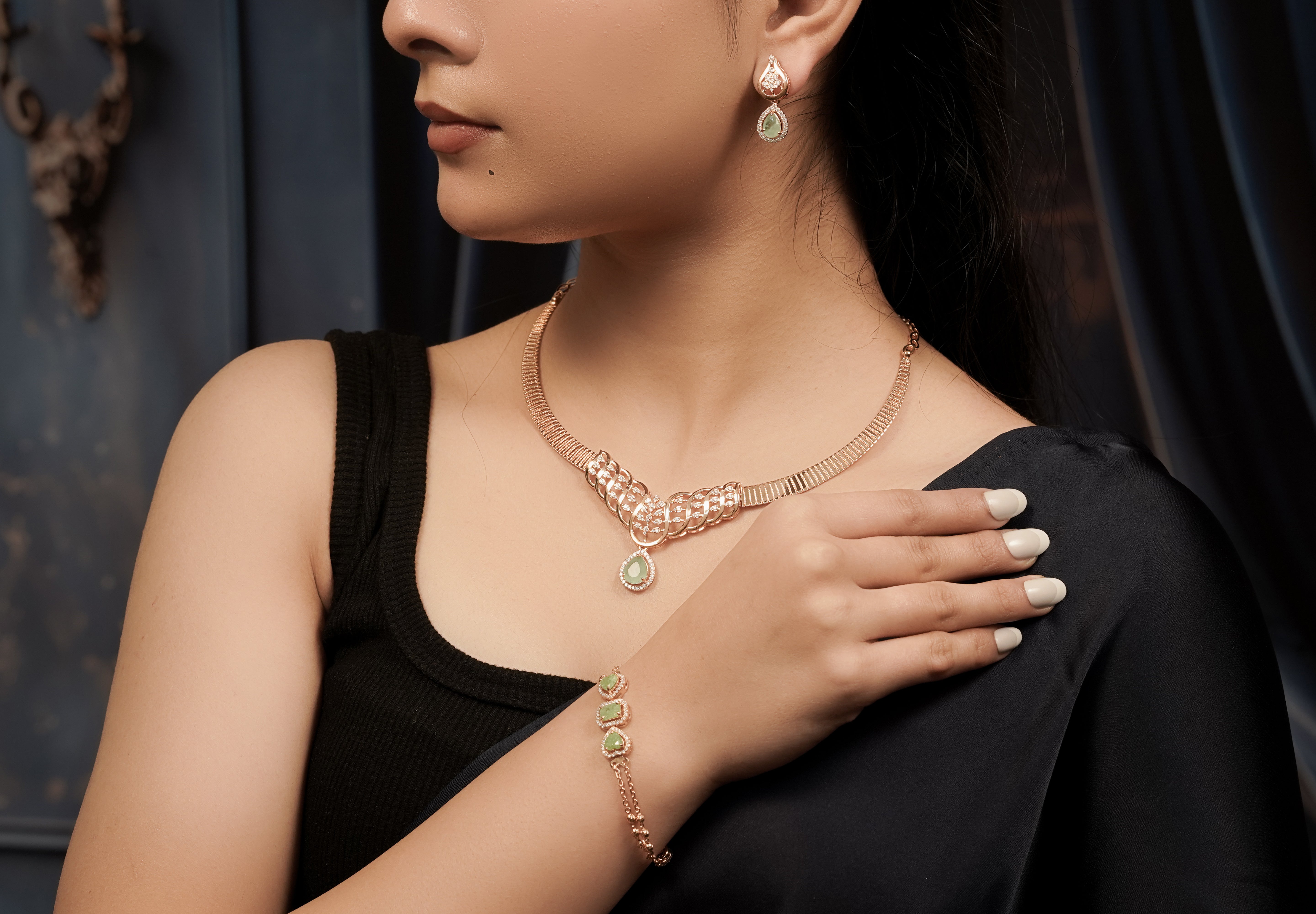 Emerald Green Kyra CZ Stone Rose Gold Set.