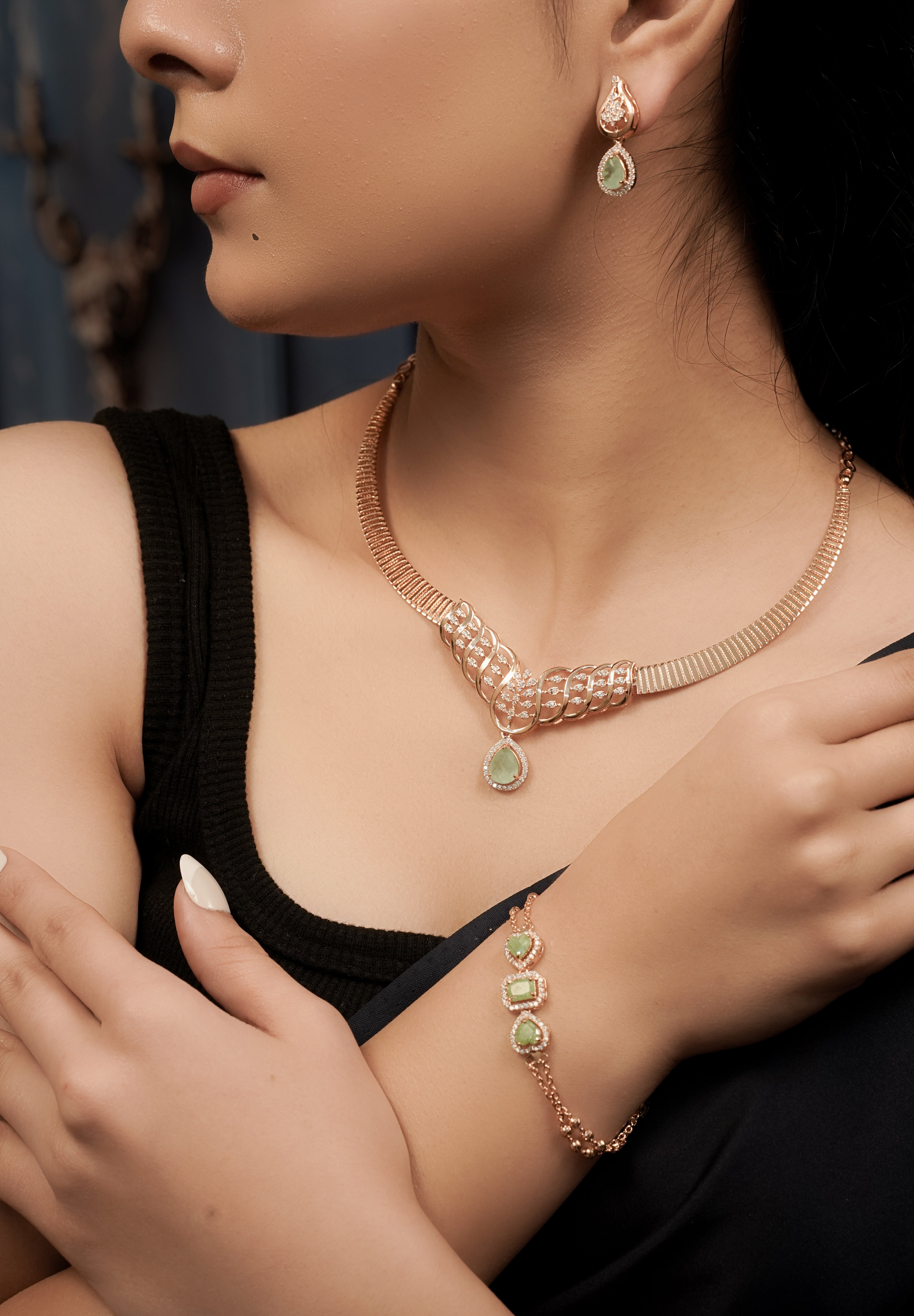 Emerald Green Kyra CZ Stone Rose Gold Set.