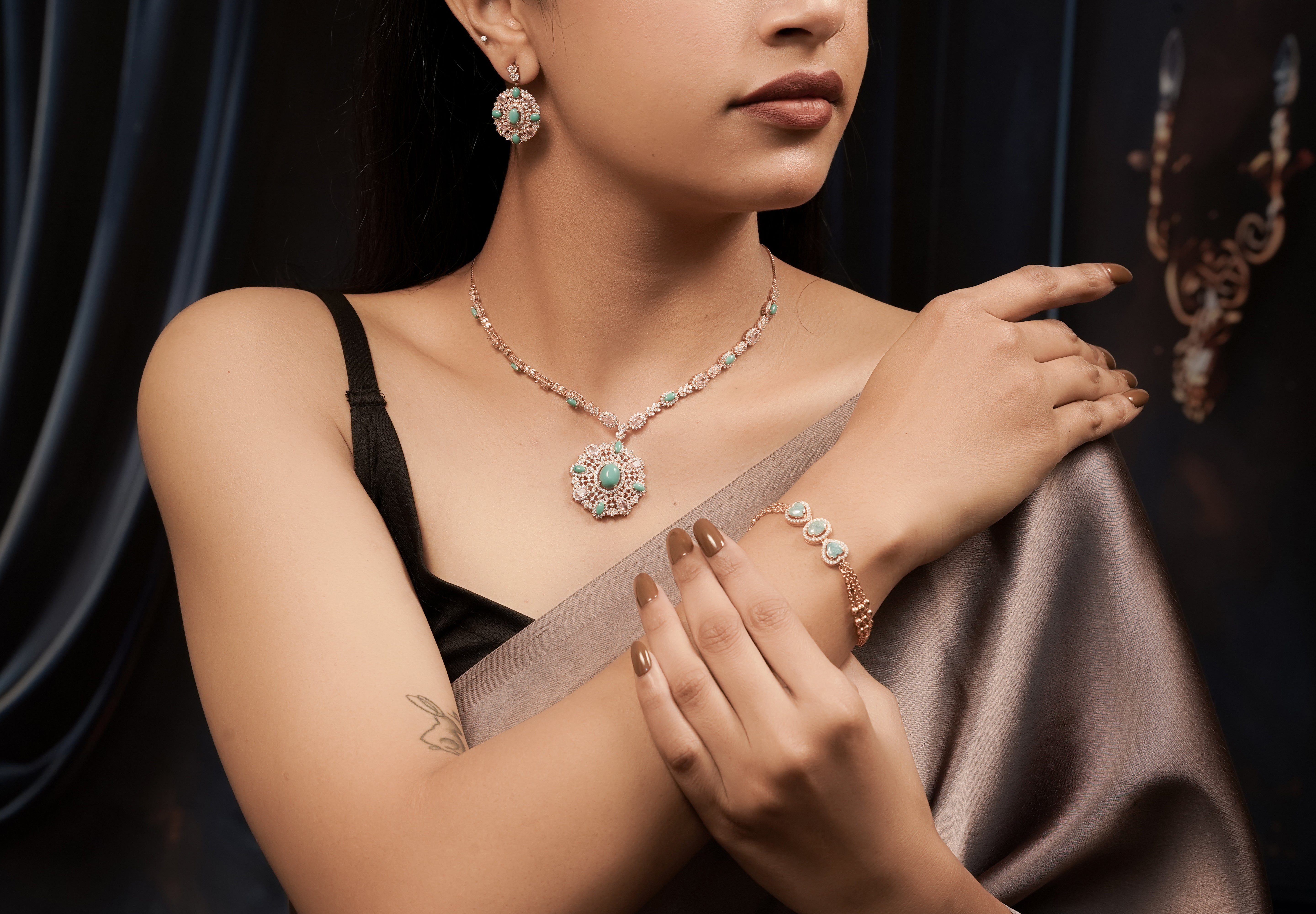 Kyra Radiant Bloom Emerald Pendant Set.