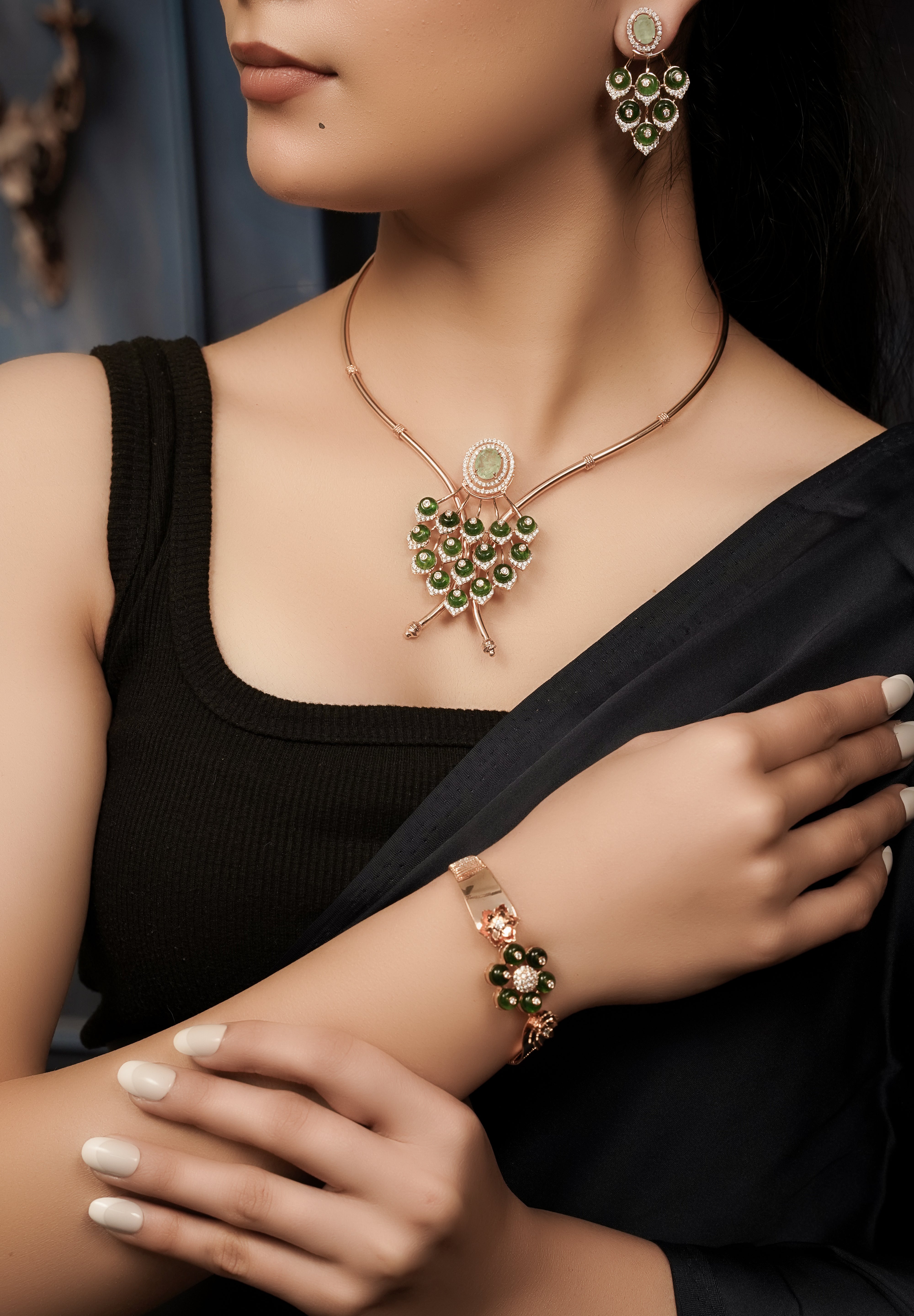 Kyra Emerald Fan Rose Gold Set